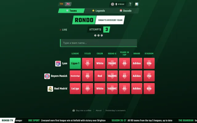 Rondo's Teams mode on 26 October 2026 after three guesses: Lyon, Bayern Munich and Real Madrid compared on seven columns, Ligue 1 green, the rest red with down arrows