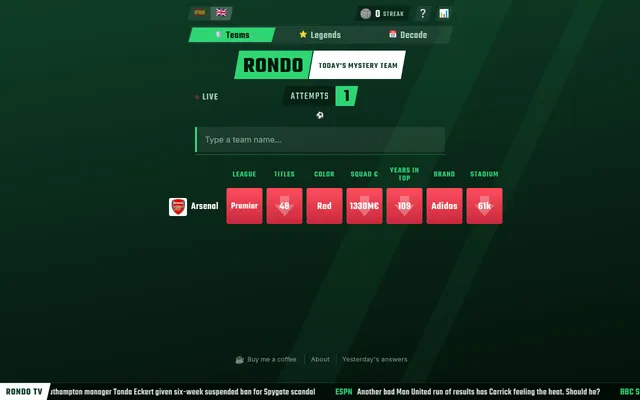 Rondo's Teams mode after one guess: Arsenal's row compared on League, Titles, Color, Squad value, Years in Top, Brand and Stadium, all red with down arrows