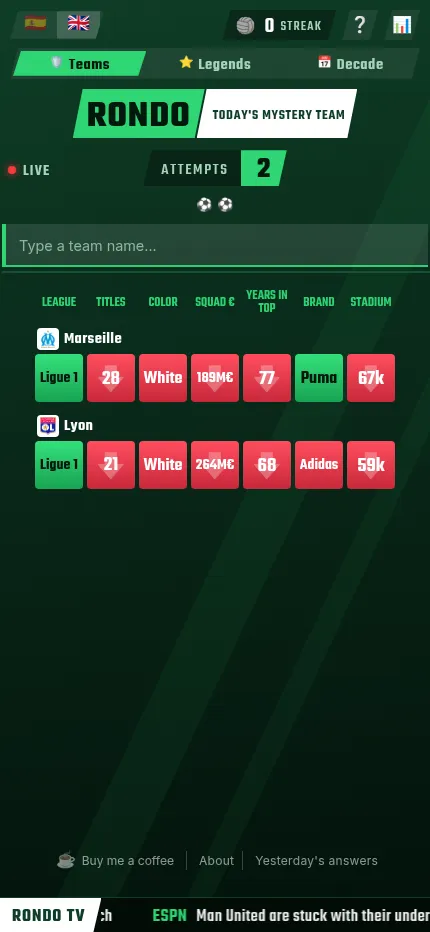 Rondo's Teams mode at phone size: Marseille and Lyon rows under the seven clue columns, with Ligue 1 and Puma green