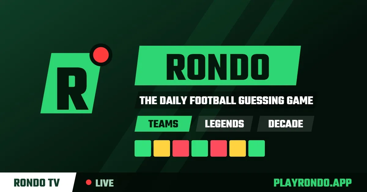 Rondo's own banner: a green R logo, The Daily Football Guessing Game, the Teams, Legends and Decade modes and a row of coloured squares