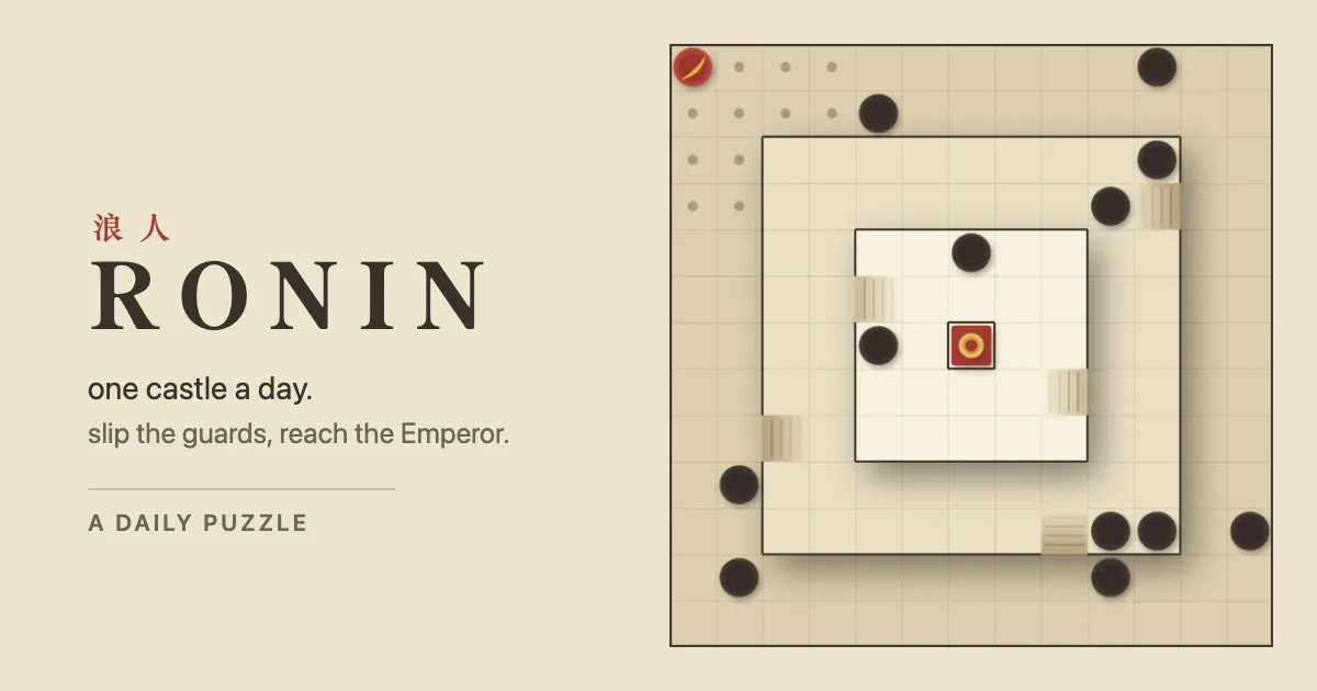 RONIN's own art: the title RONIN with Japanese characters and the line one castle a day, beside a board of three walled rings with guards and the Emperor