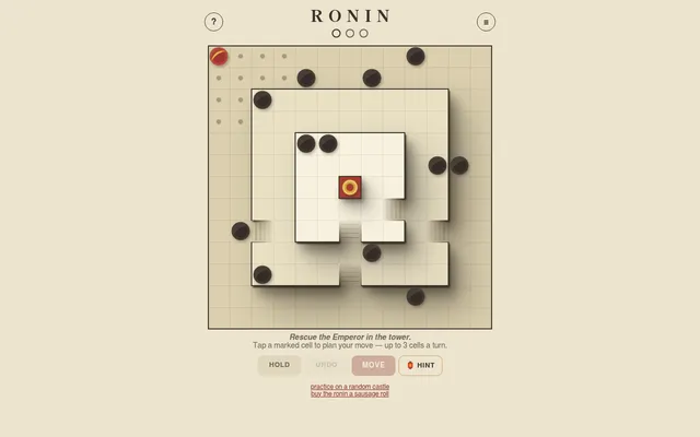 Today's RONIN castle: the red ronin in the top-left corner with its move cells marked, dark guards around three walled rings, stair gates and the Emperor's tower at the centre