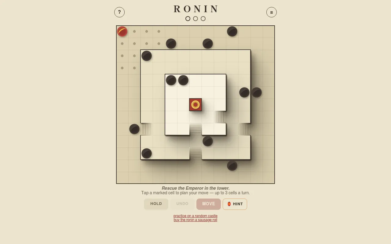 Today's RONIN castle: the red ronin in the top-left corner with its move cells marked, dark guards around three walled rings, stair gates and the Emperor's tower at the centre