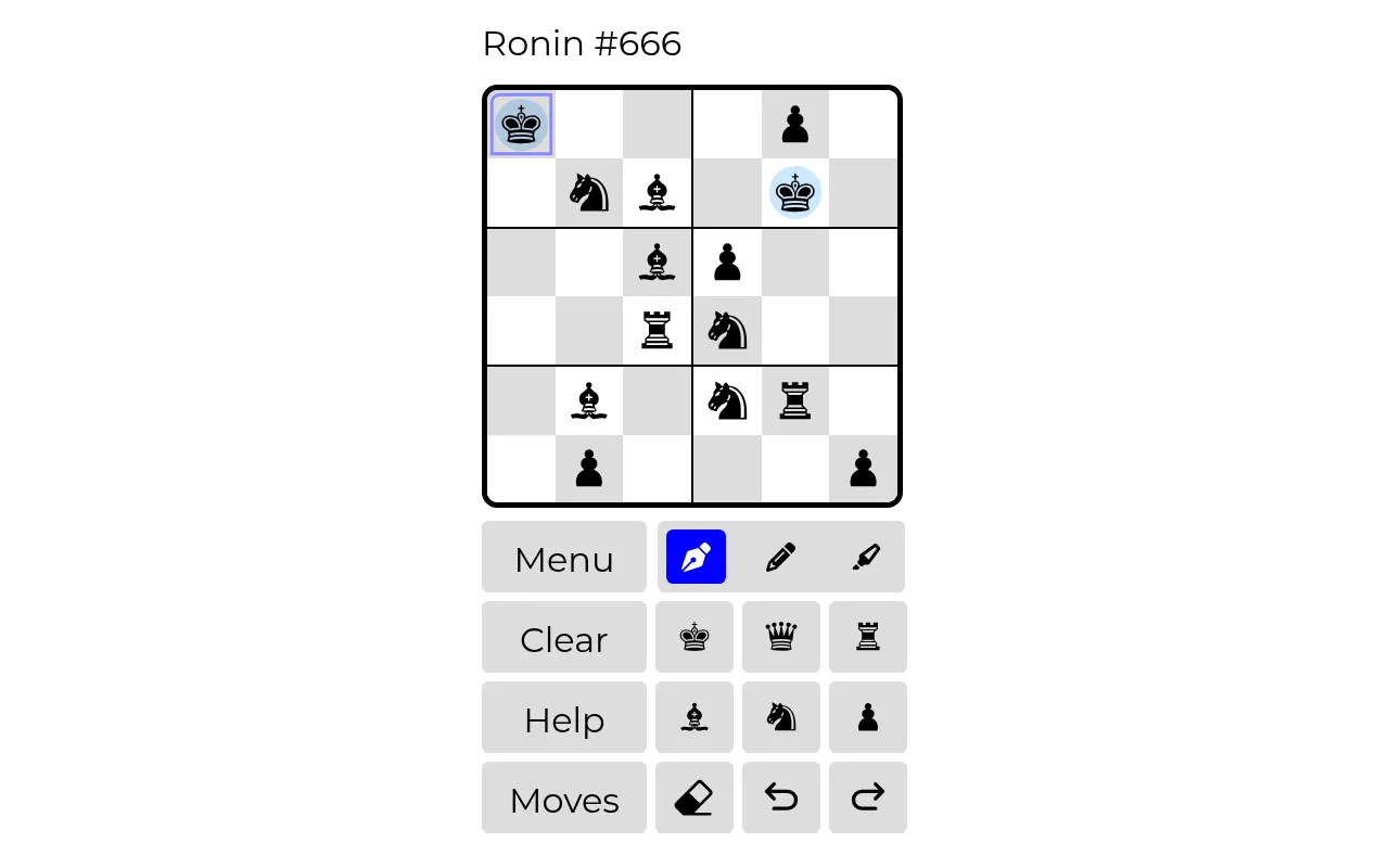 Ronin #666, the 22 October 2026 board: a 6x6 chessboard in six 3x2 regions with black clue pieces, above the pen, pencil and piece buttons
