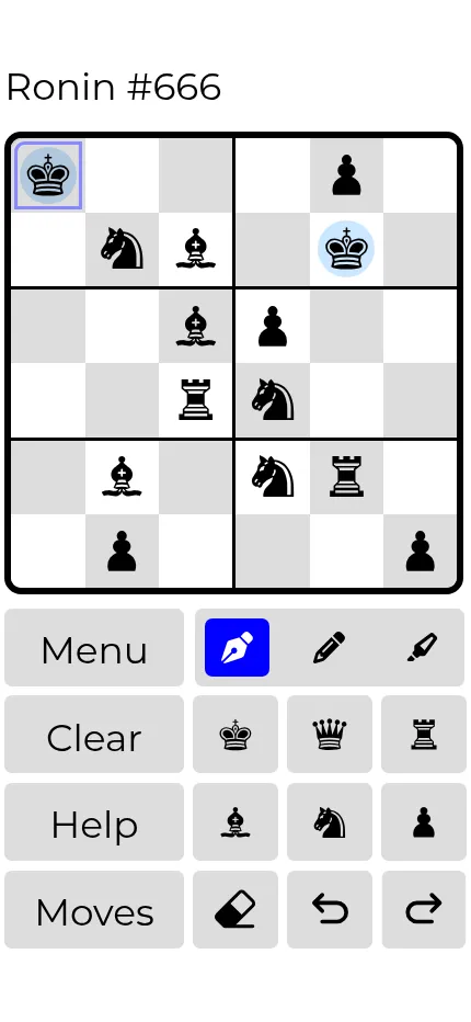 Ronin #666 at phone size: the 6x6 board fills the width with the piece and tool buttons below it