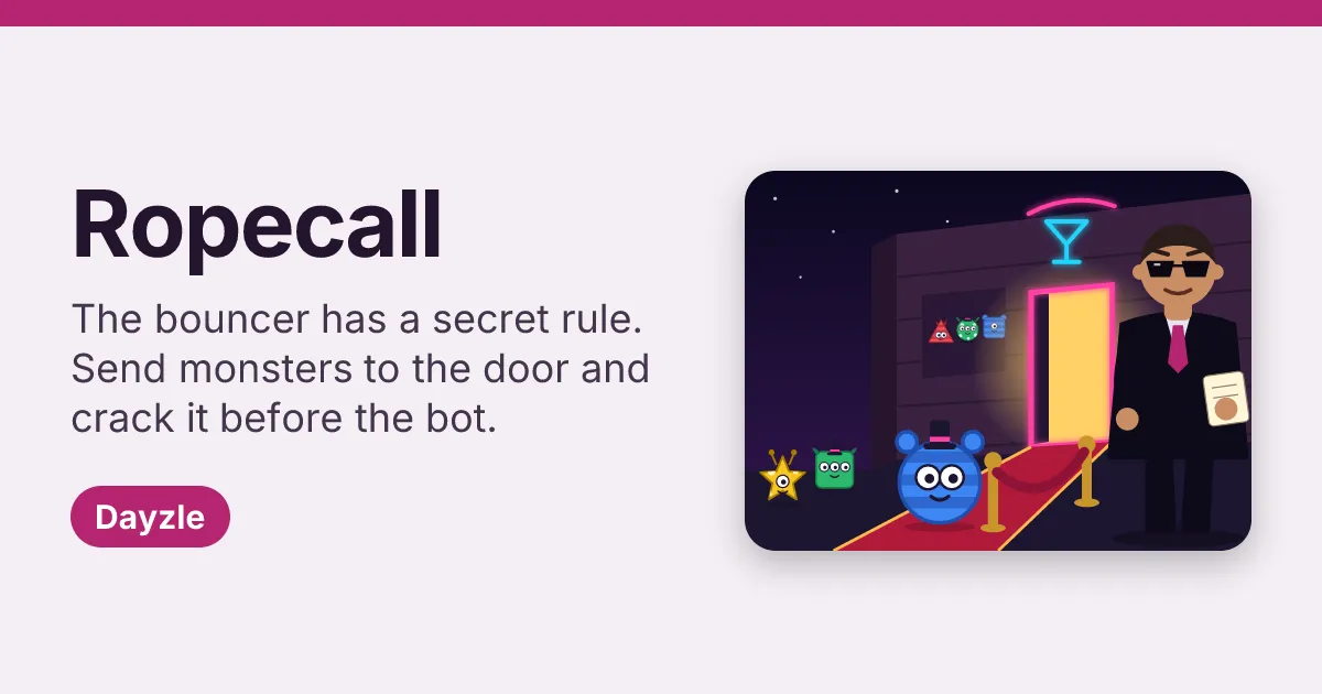 Ropecall card: the name, the rule The bouncer has a secret rule, and a bouncer in sunglasses by a neon club door with monsters queuing