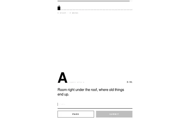 Today's Word Wheel in play: the letter A with the clue 'Room right under the roof, where old things end up', a 25-letter progress bar, the 3:51 timer, and Pass and Submit buttons