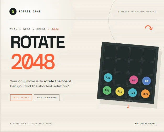 Rotate 2048 title card reading A daily rotation puzzle, with a tilted board and Daily Puzzle and Play in Browser buttons