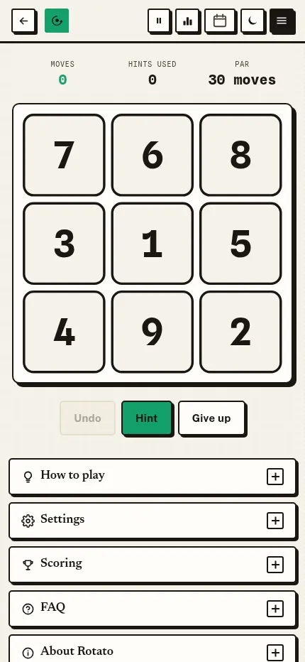 Rotato at phone size: the day's 3x3 number grid with the moves counter, par and the How to play, Settings and Scoring panels below
