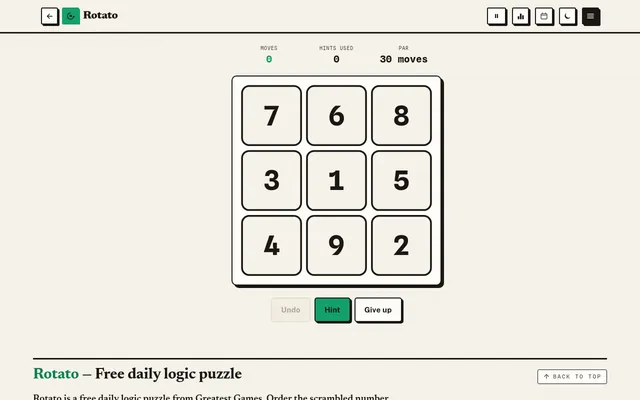 Rotato's Easy puzzle for 21 October 2026: a scrambled 3x3 grid reading 7 6 8, 3 1 5, 4 9 2, with 0 moves, 0 hints used and a par of 30 moves