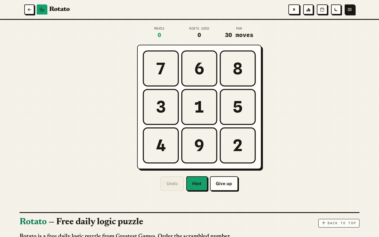 Rotato's Easy puzzle for 21 October 2026: a scrambled 3x3 grid reading 7 6 8, 3 1 5, 4 9 2, with 0 moves, 0 hints used and a par of 30 moves