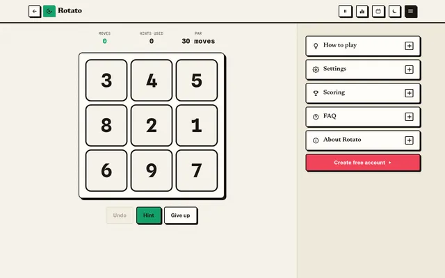 Rotato on Greatest Games: the day's scrambled 3x3 grid of numbers 1 to 9, with 0 moves, 0 hints used and a par of 30 moves