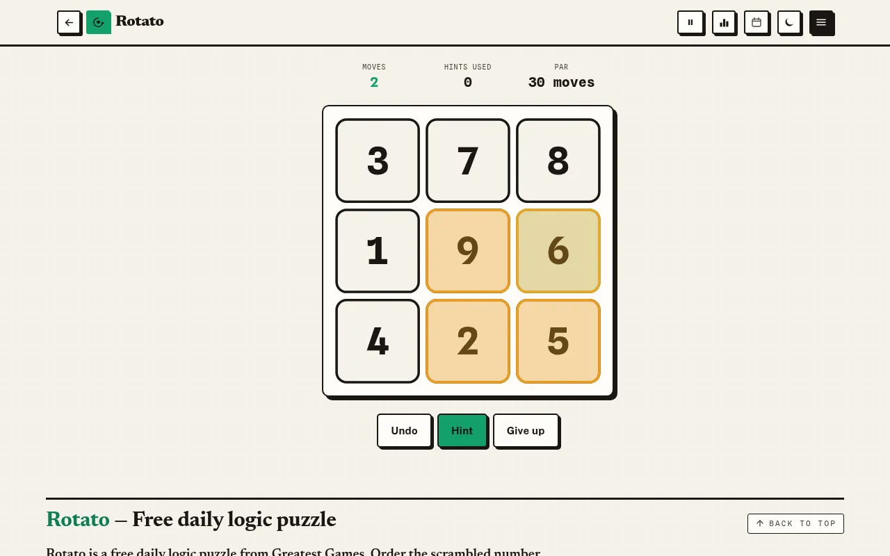 Rotato's 3x3 grid two moves in, the last turned 2x2 block shown in amber, with Undo, Hint and Give up below