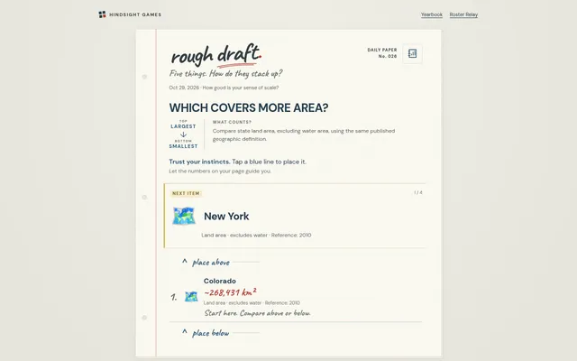 Rough Draft daily paper No. 026 for 29 October 2026, Which covers more area?: New York waits to be placed above or below Colorado, shown at about 268,431 km²