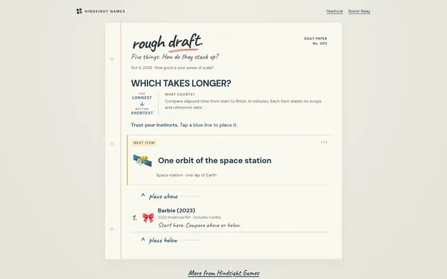 Rough Draft daily paper No. 002, Which takes longer?: the next item, one orbit of the space station, waits to be placed above or below Barbie (2023)