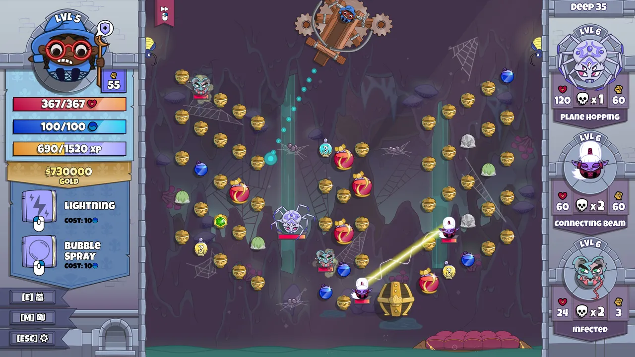 Roundguard: a board of gold coins, potions and monsters in a cave, with the hero's stats and spells on the left and enemy cards on the right