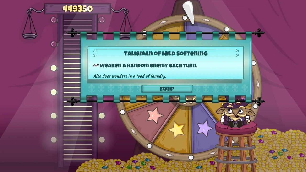 Roundguard: a prize wheel and a pile of gold, with the Talisman of Mild Softening relic offered to equip