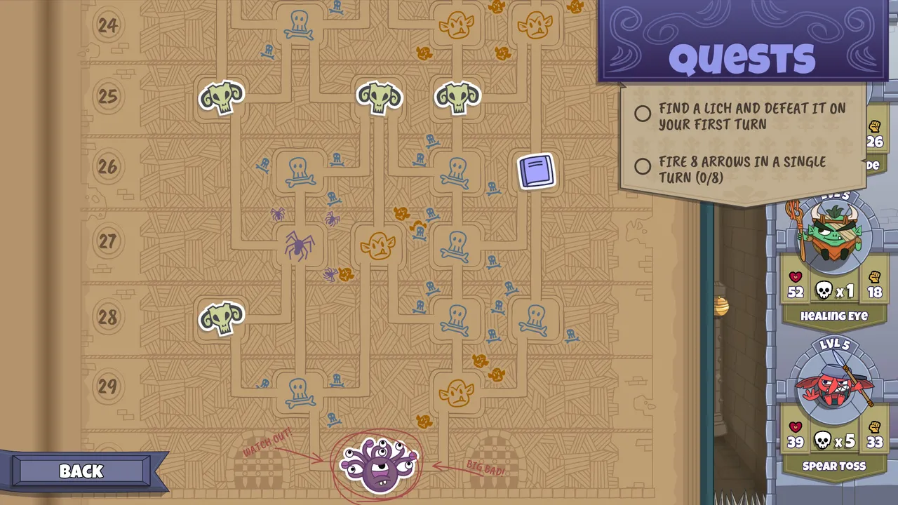 Roundguard: the dungeon map of floors 24 to 29 with monster icons and a quest list