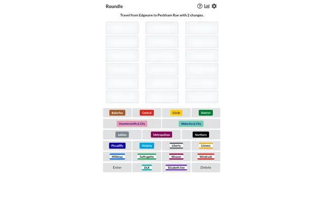 The Roundle board for a trip from Edgware to Peckham Rye with 2 changes: six empty rows of three train slots above a keyboard of London line names, from Bakerloo to the Elizabeth line and DLR