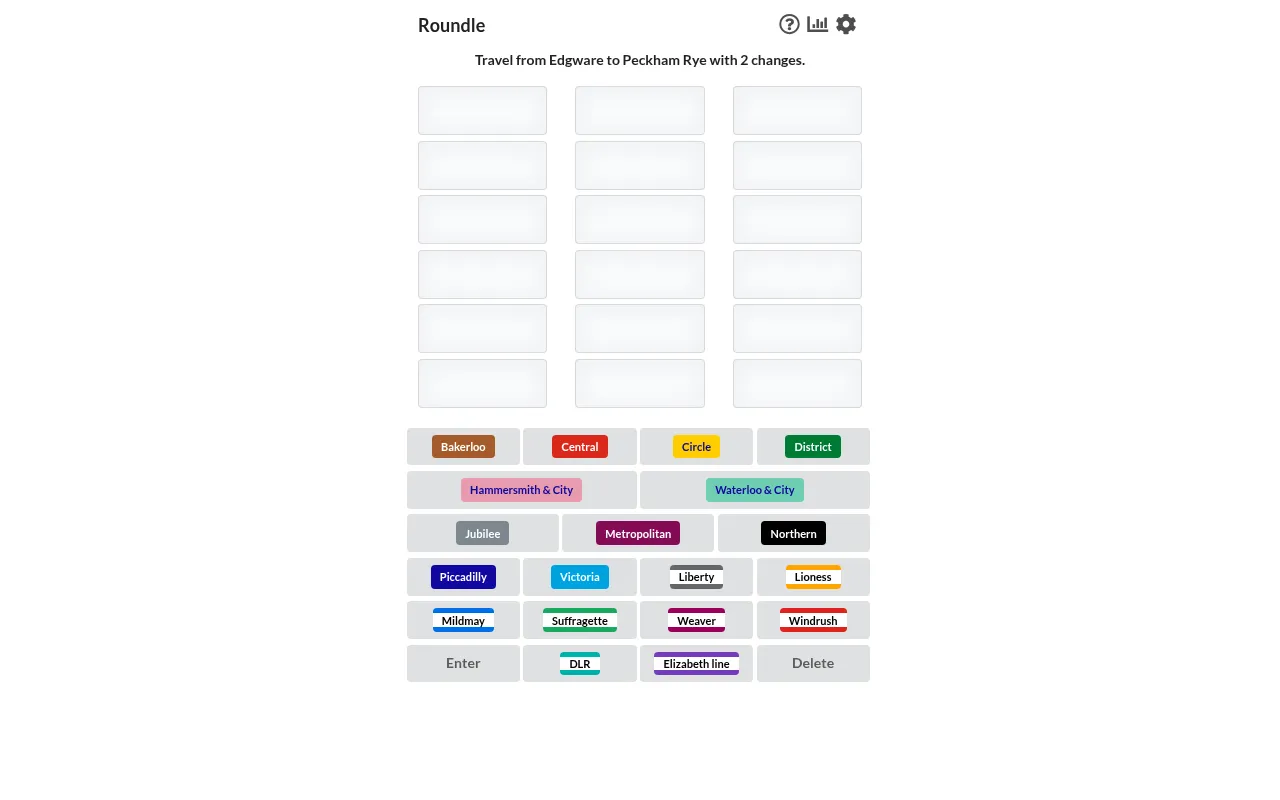 The Roundle board for a trip from Edgware to Peckham Rye with 2 changes: six empty rows of three train slots above a keyboard of London line names, from Bakerloo to the Elizabeth line and DLR