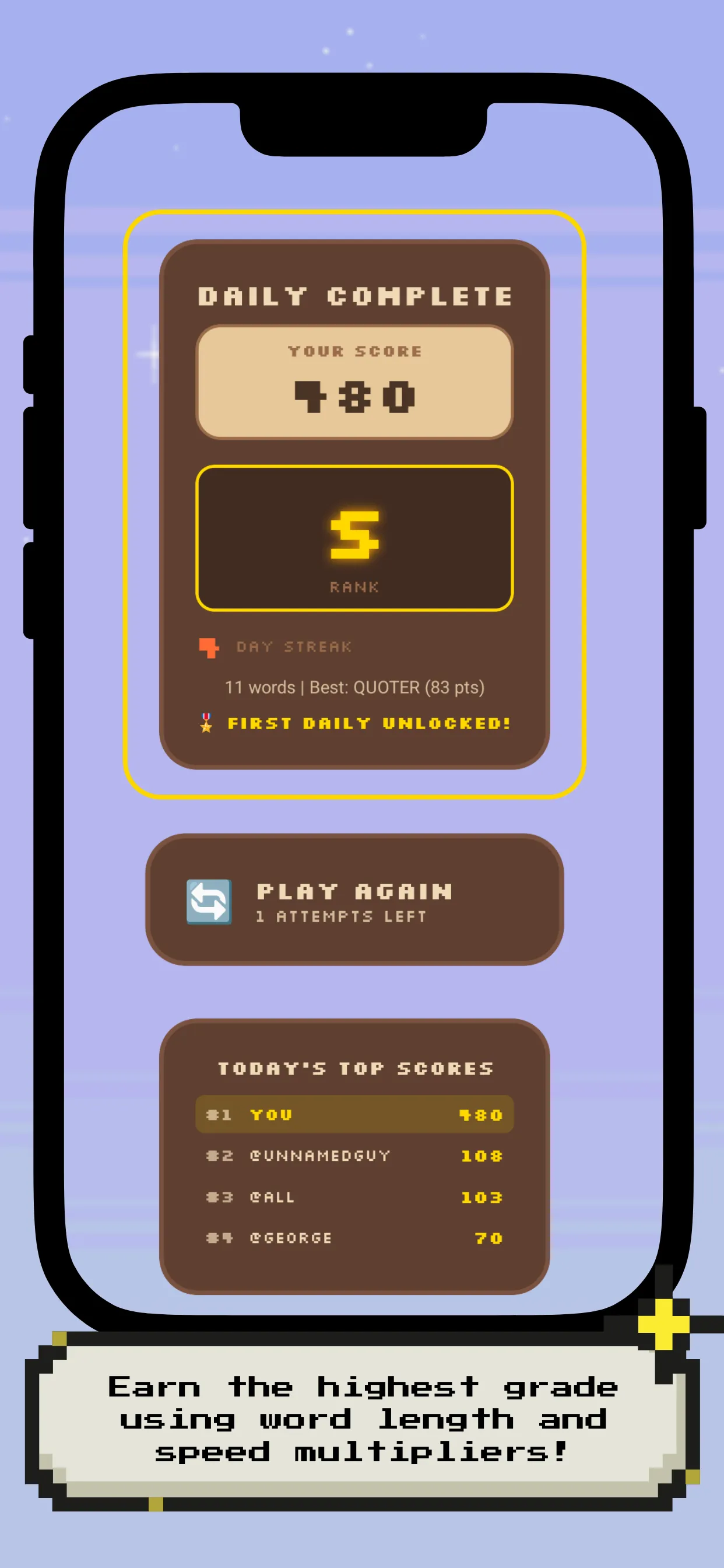 Rovo's daily result: a score of 480, an S rank, one attempt left and today's top scores