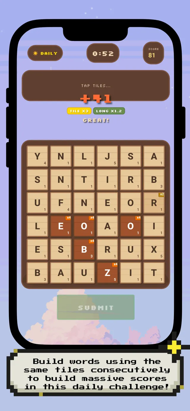 Rovo's daily board: a 6x6 grid of wooden letter tiles with point values, a timer at 0:52 and a word being spelled
