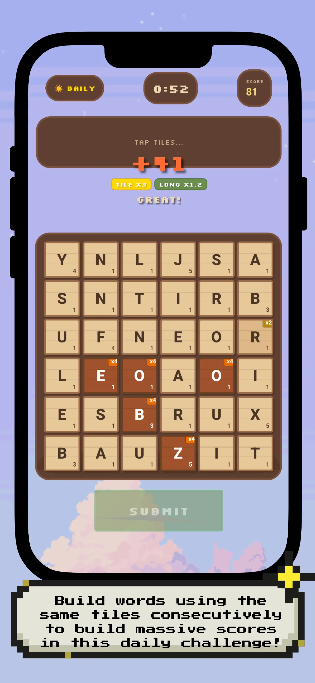 Rovo's daily board: a 6x6 grid of wooden letter tiles with point values, a timer at 0:52 and a word being spelled