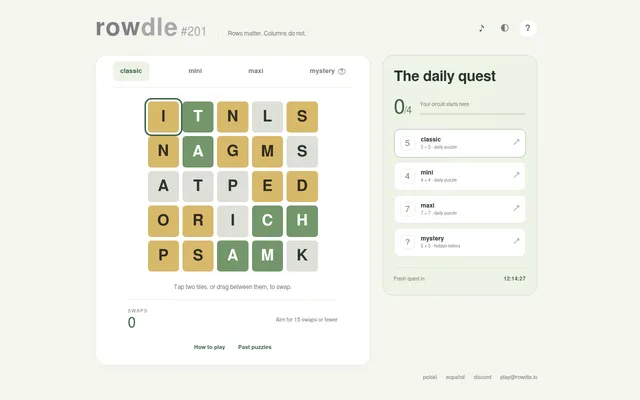Rowdle classic #201: a five by five grid of scrambled letters in green, yellow and grey, a swap counter at 0 aiming for 15, beside the daily quest panel listing classic, mini, maxi and mystery