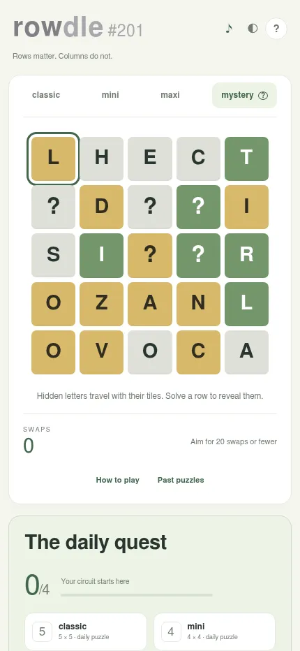 Rowdle mystery #201 on a phone: a five by five grid where five tiles show question marks, aiming for 20 swaps