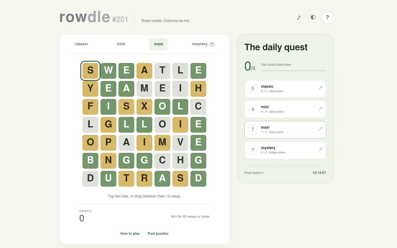 Rowdle maxi #201: a seven by seven grid of scrambled letters with a target of 30 swaps