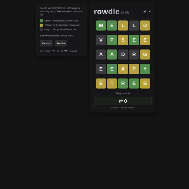 Rowdle puzzle #185: five scrambled five-letter rows coloured green, yellow and grey, with the rules beside them