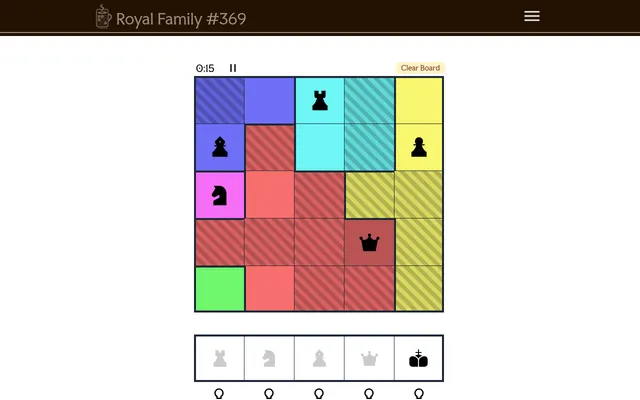 Royal Family #369 being solved: rook, bishop, knight and queen placed on the 5x5 zone board beside the pawn, attacked squares striped, the king still to place
