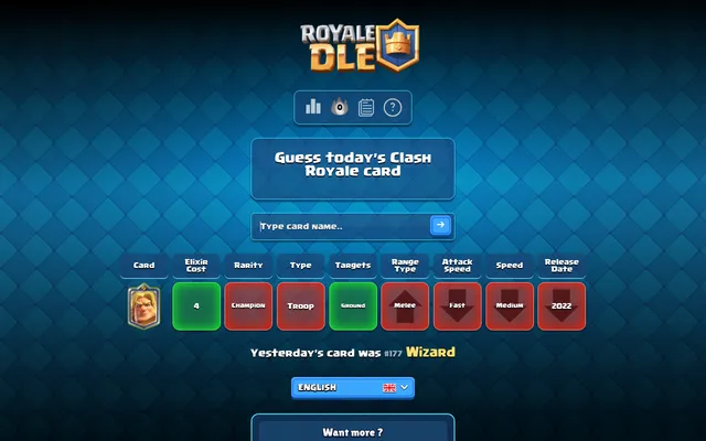Royaledle Classic mode with a first guess, Golden Knight, compared on elixir cost, rarity, type, targets, range, attack speed, speed and release date; green and red tiles with arrows