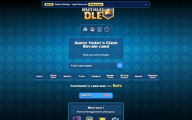 Royaledle Classic mode: Guess today's Clash Royale card box with a card name field and the clue columns Card, Elixir Cost, Rarity, Type, Targets, Range Type, Attack Speed, Speed and Release Date; yest
