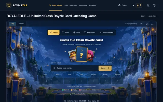 Royaledle #1007 for Oct 3, 2026: the Classic mode, guess the Clash Royale card in eight guesses, with columns for elixir, rarity, type, targets, range and release, and tabs for Emoji, Pixel, Descripti