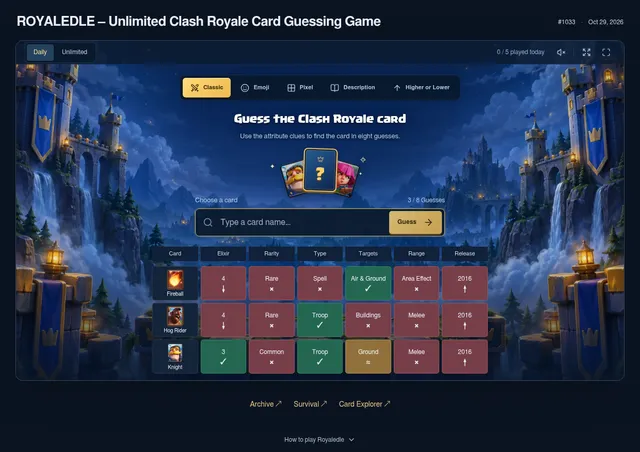 Royaledle #1033 for Oct 29, 2026 in Classic mode after three guesses (Fireball, Hog Rider, Knight), each row coloured on elixir, rarity, type, targets, range and release year