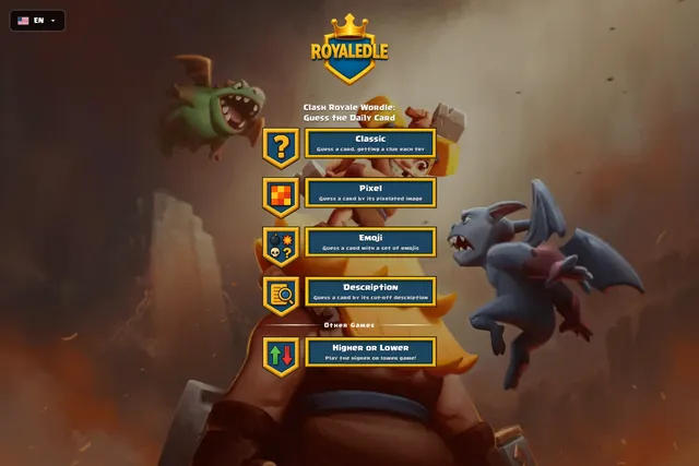The Royaledle home screen: the crowned logo above buttons for the Classic, Pixel, Emoji and Description modes and the Higher or Lower game, over Clash Royale artwork of a baby dragon and a gargoyle
