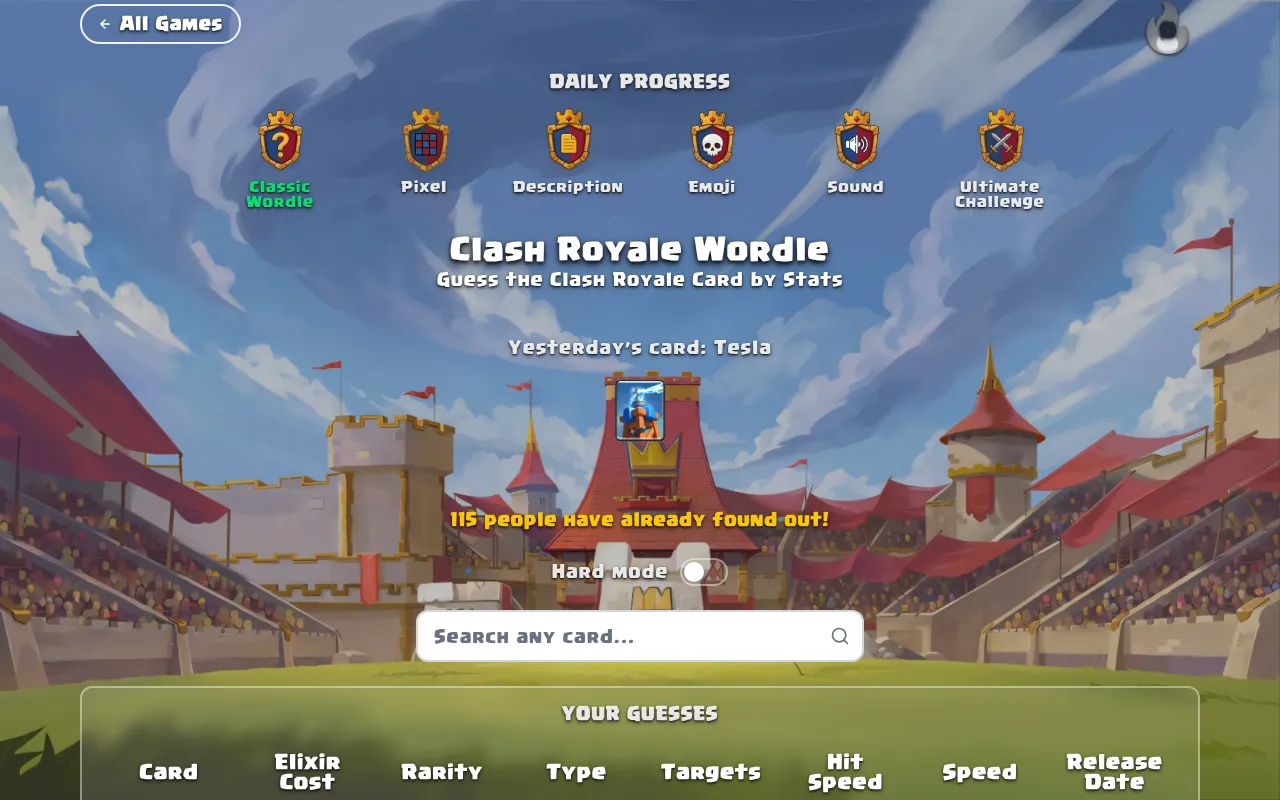 Royaledly's Clash Royale Wordle page with the six daily mode badges, yesterday's card Tesla, a hard mode switch and a card search box above the guess columns