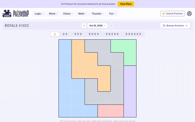 Royals #1022 for 18 October 2026: the very easy 6x6 board with seven colour regions, empty and ready to play, with the six difficulty tabs above it