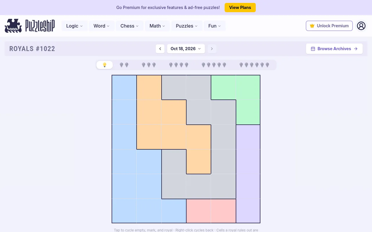 Royals #1022 for 18 October 2026: the very easy 6x6 board with seven colour regions, empty and ready to play, with the six difficulty tabs above it