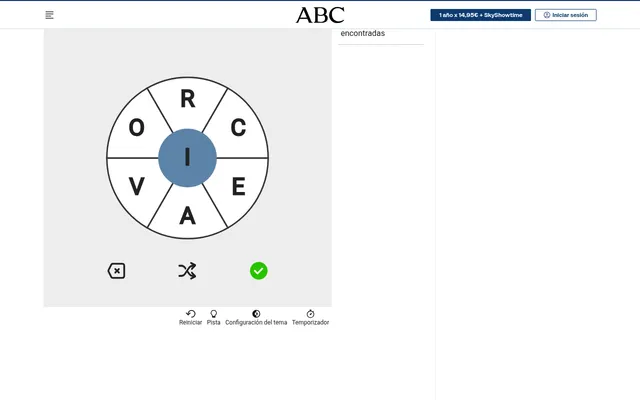 ABC's Rueda de palabras for 4 October 2026: a wheel with R, C, E, A, V and O around a blue centre I, with delete, shuffle and submit buttons