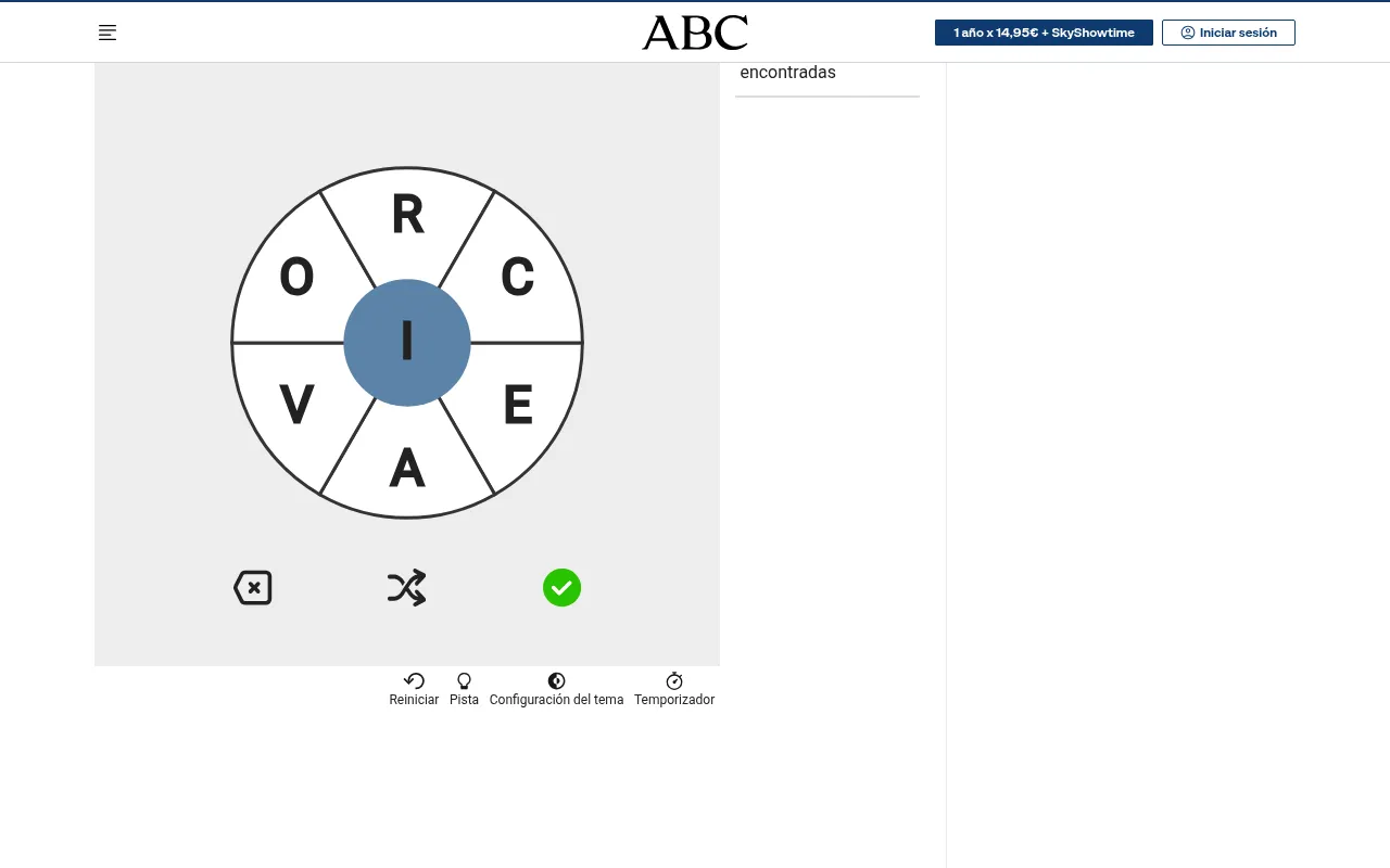 ABC's Rueda de palabras for 4 October 2026: a wheel with R, C, E, A, V and O around a blue centre I, with delete, shuffle and submit buttons