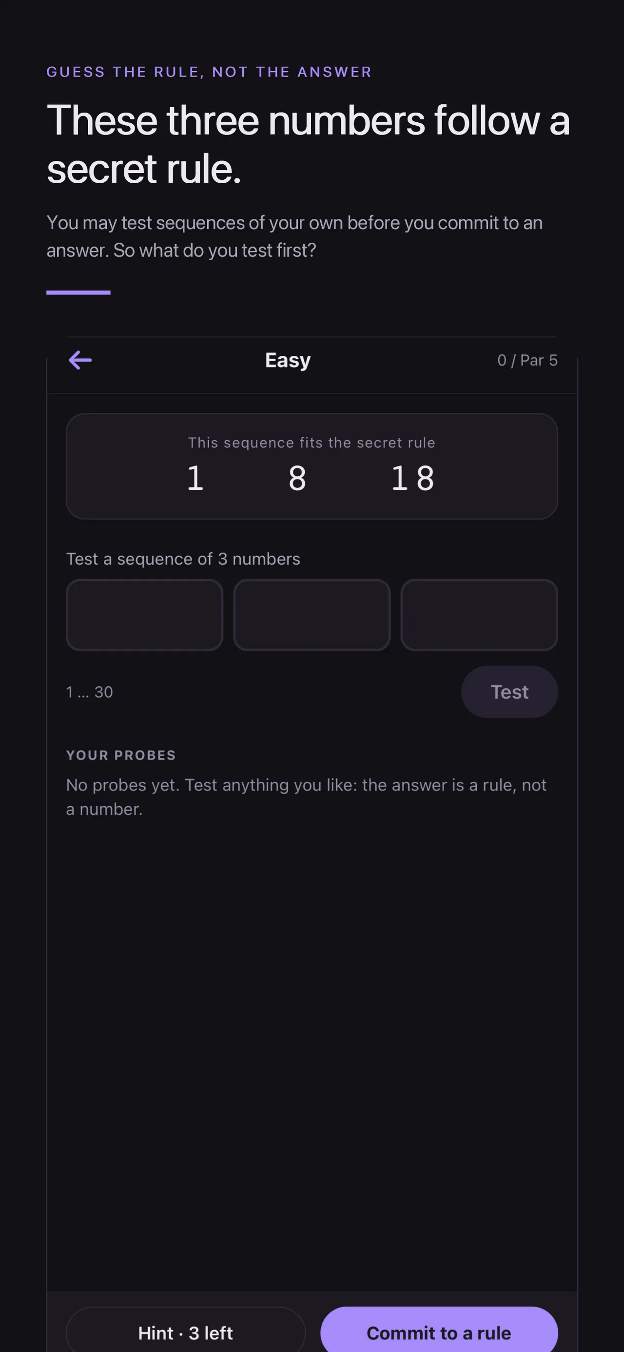Rularoo's opening screen for an Easy puzzle with boxes to test a sequence of three numbers