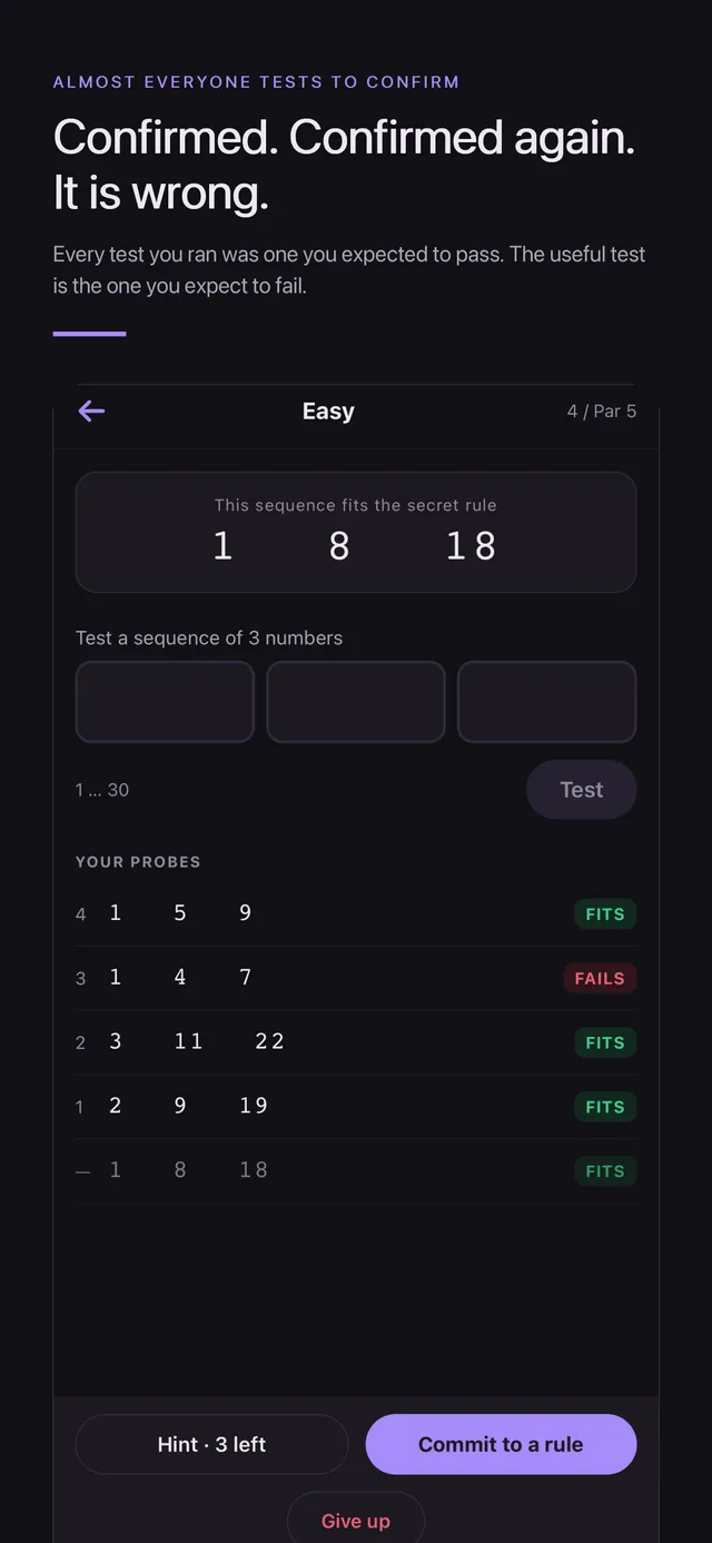 A Rularoo Easy puzzle: the sequence 1, 8, 18 fits the secret rule, with four test probes marked FITS or FAILS