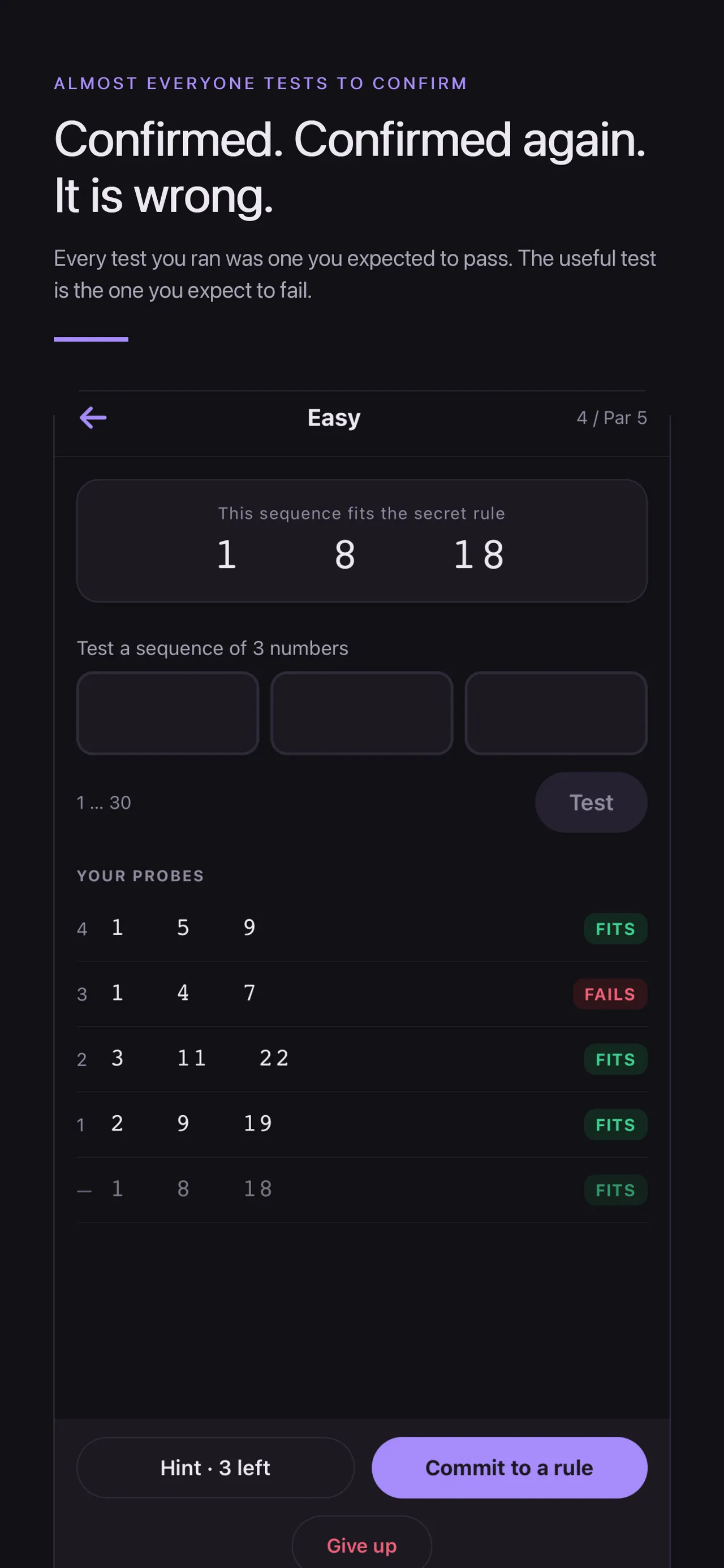 A Rularoo Easy puzzle: the sequence 1, 8, 18 fits the secret rule, with four test probes marked FITS or FAILS