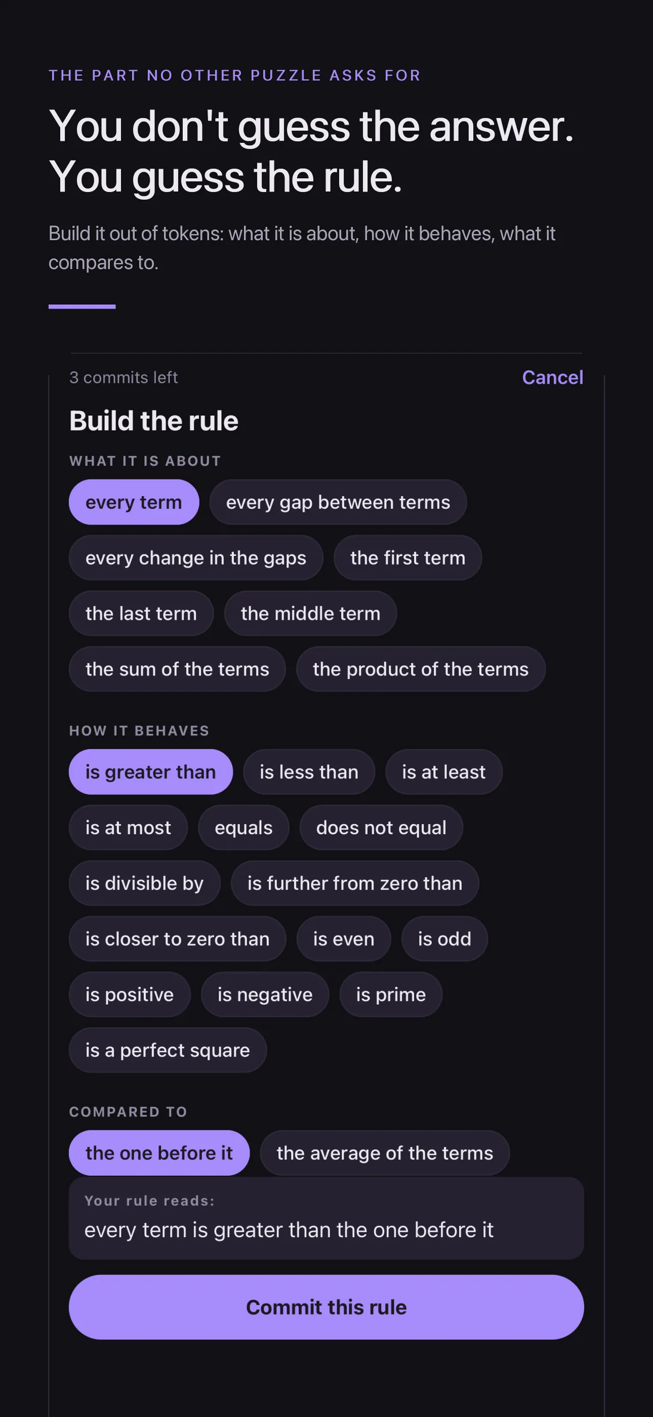 Rularoo's rule builder with tokens assembled into: every term is greater than the one before it