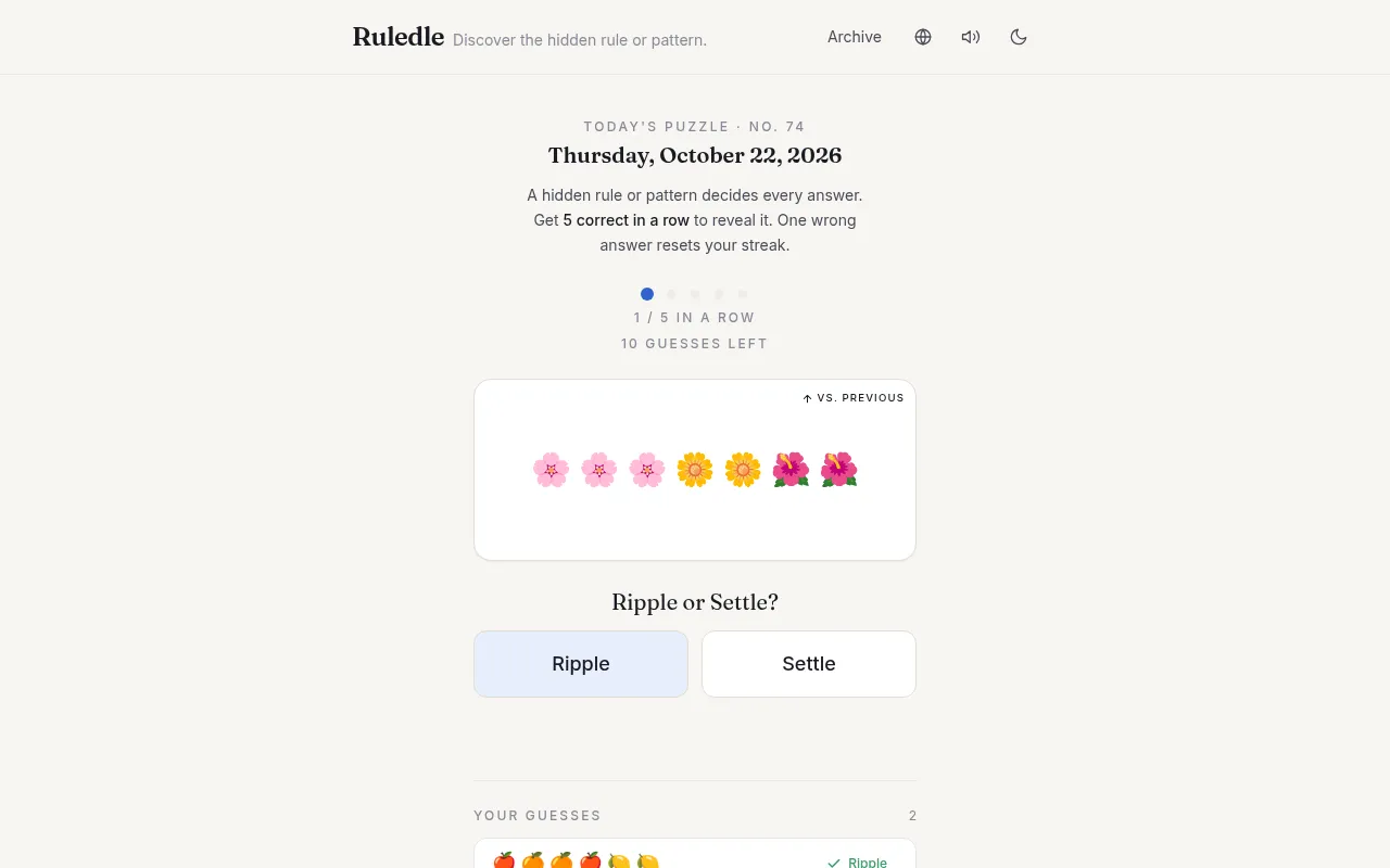 Ruledle puzzle No. 74 for 22 October 2026 being played: a row of flower emoji, the question Ripple or Settle, and a 1 of 5 run