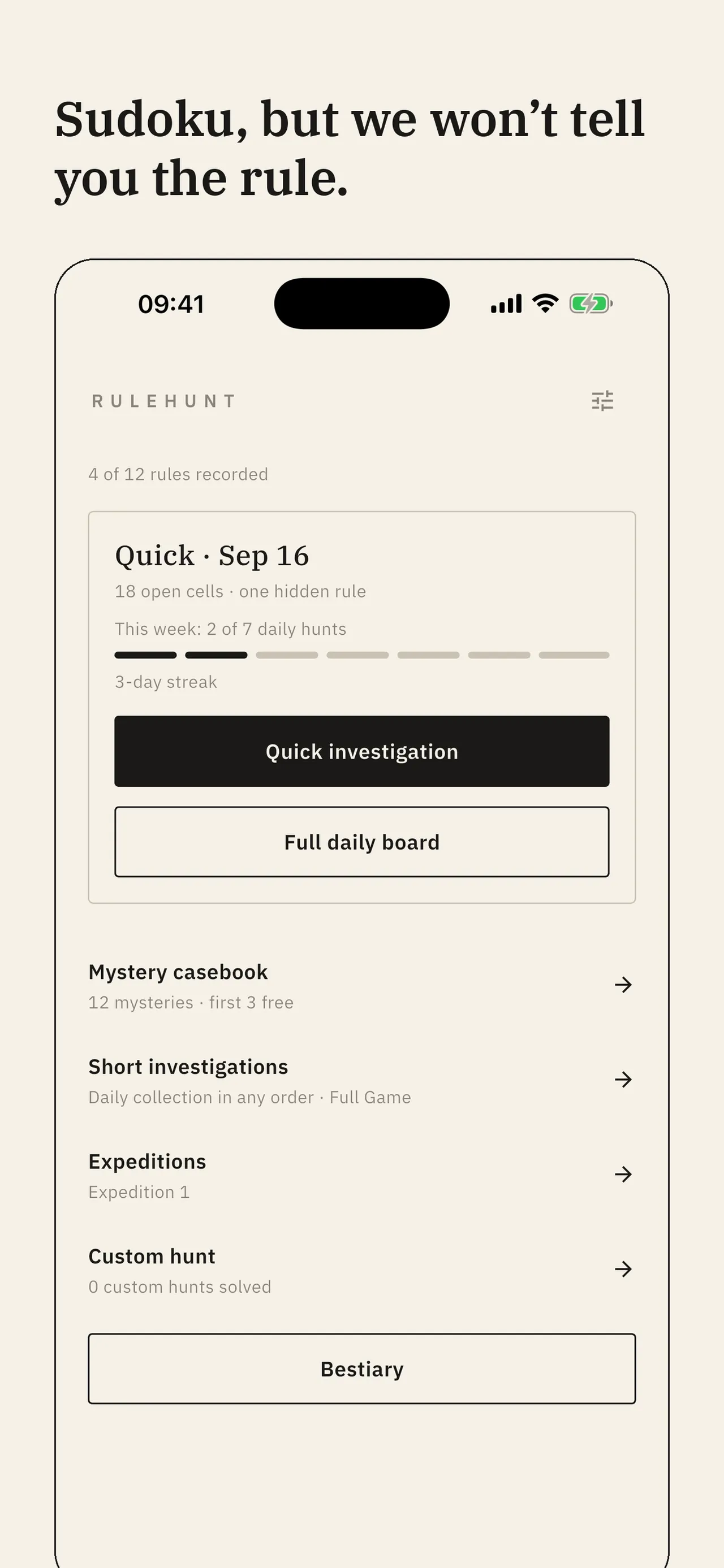 Rulehunt's home screen with the Quick investigation and Full daily board, a streak, the casebook and expeditions