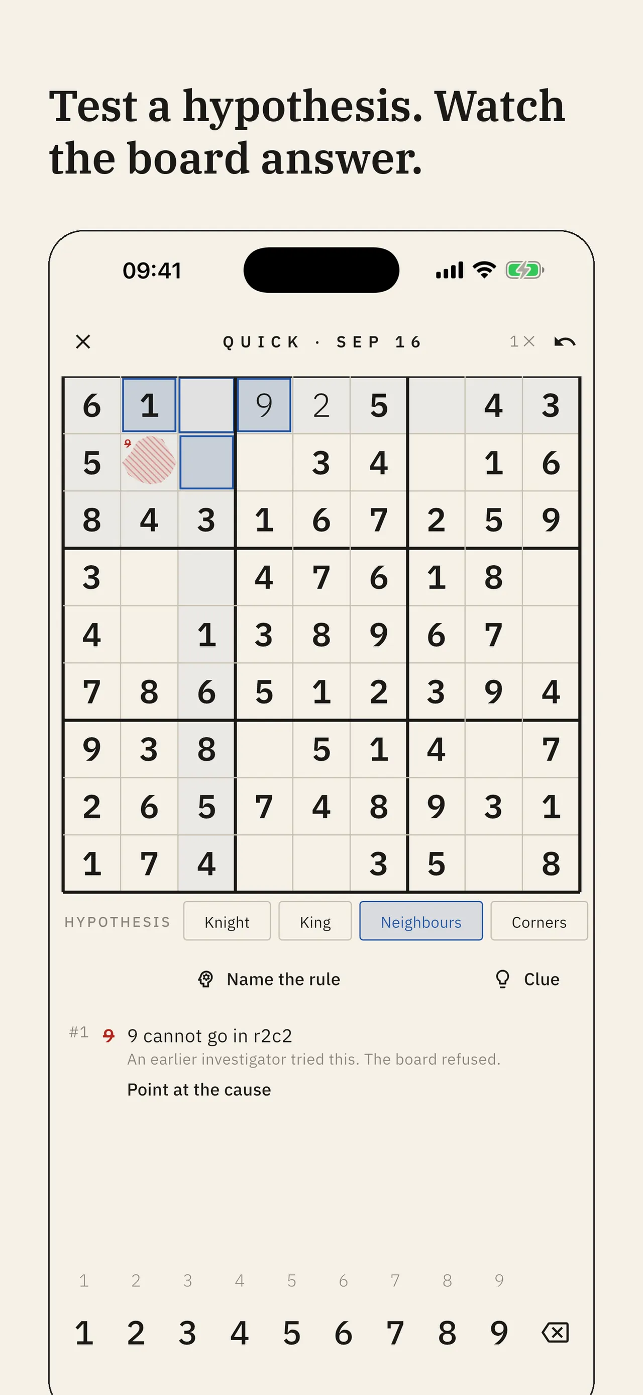 A Rulehunt board with the Neighbours hypothesis lighting up cells around the refused one