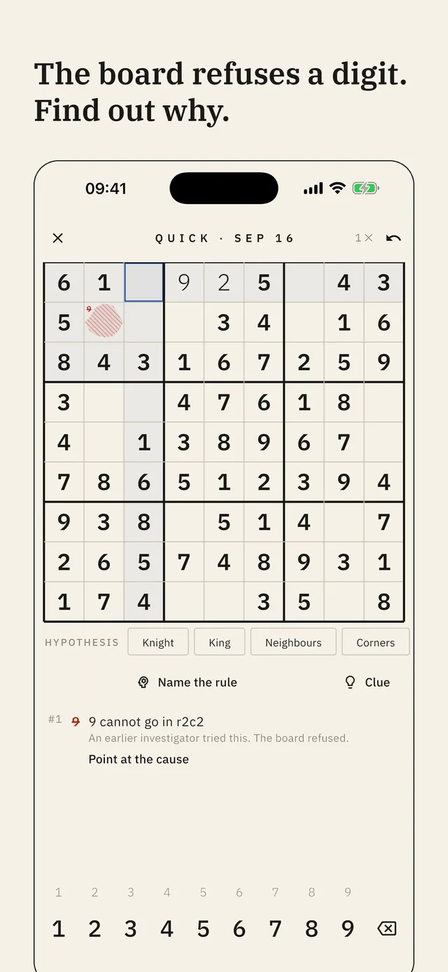 A Rulehunt quick daily sudoku where the board has refused a 9 in one cell, with hypothesis buttons below
